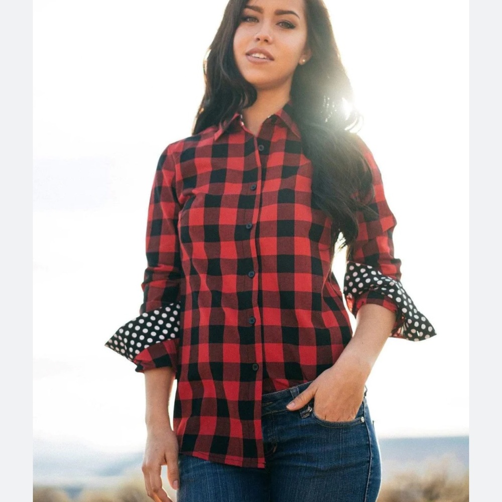 Buffalo Plaid Polka Dot Cuff Flannel Button Down